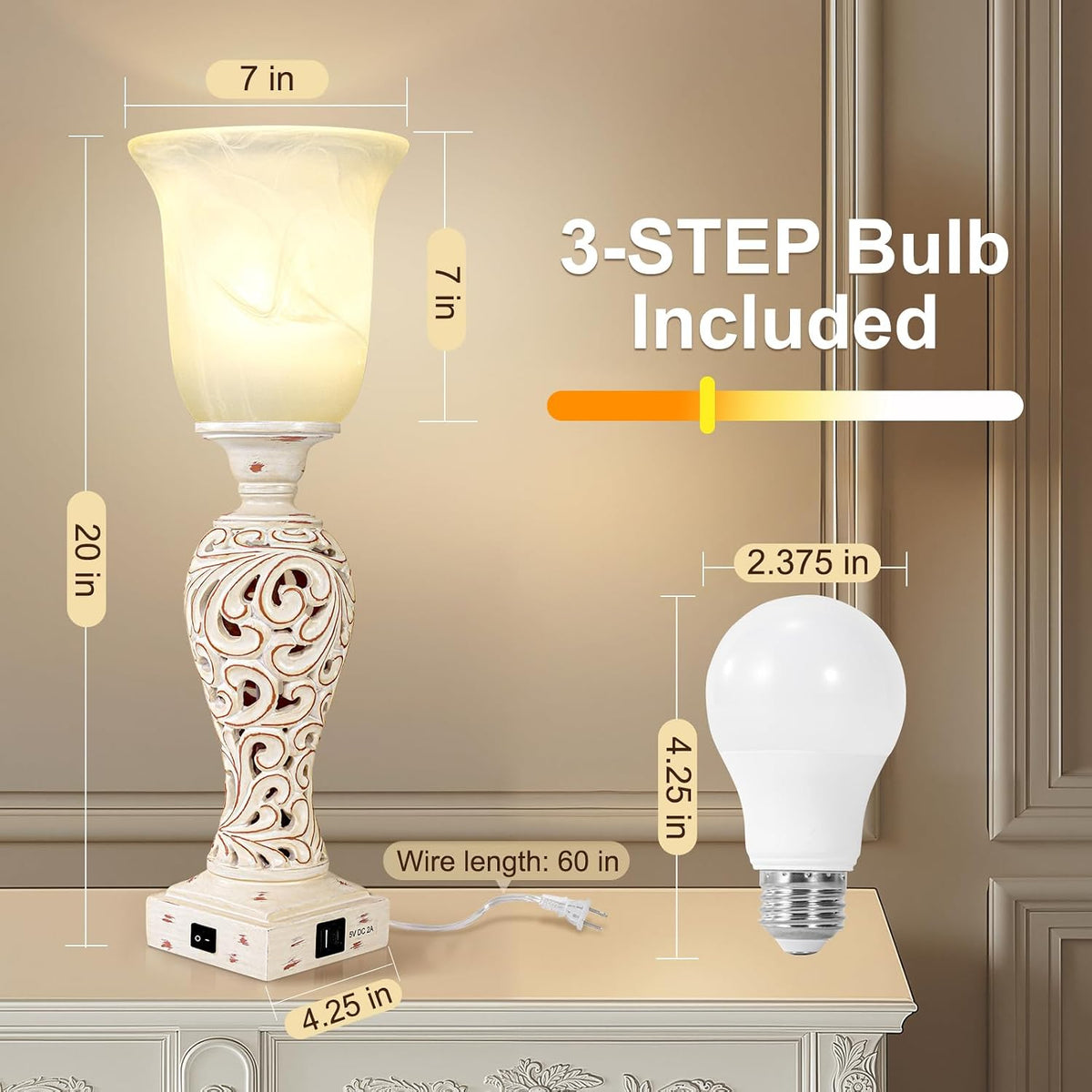 20" Bedside Lamp for Bedroom, 3-Way Dimmable Bulb Include, Washed White