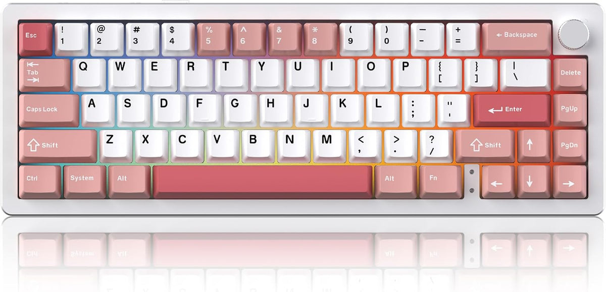 EMB Nabi Series NB1 65% Wireless Mechanical Gaming Keyboard, 66 Keys, CNC Aluminum, RGB, Hot-Swappable, 4600mAh, Milk Linear Switches, Wired/Bluetooth/2.4G (Silver/Pink)