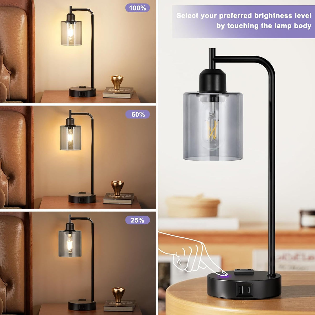 Innqoo Industrial Touch Bedroom Lamps for Bedrooms Set of 2-3-Way Dimmable Table Lamps with USB C+A Ports and Outlet, Bedside Lamps with Gray Glass Shade for Living Room, Desk Lamps for Home Office