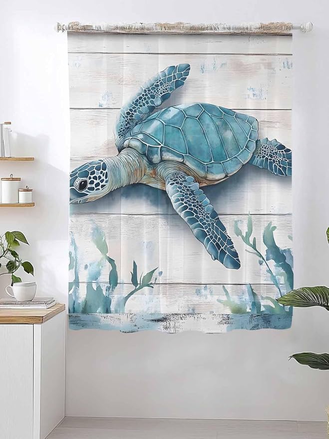 Sheer Curtains 72 Inches Long, Teal Green Sea Turtle Semi Sheer Curtains Light