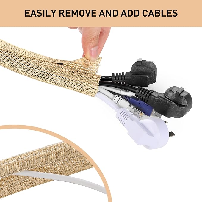 AGPTEK Cable Sleeve Cover, 10ft - 4/5 inch Desk Cord Organizer Cable Hider, Home Office Wire Management Computer TV Wire Loom Tubing, Pet Proof Cord Protector, from Cat Dog Chewing, Wood Color