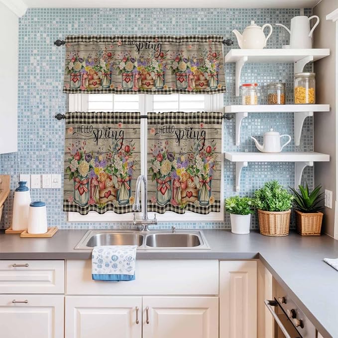 Spring Flowers Kitchen Curtain Set, Farmhouse Vintage Black Plaid Wood Grain