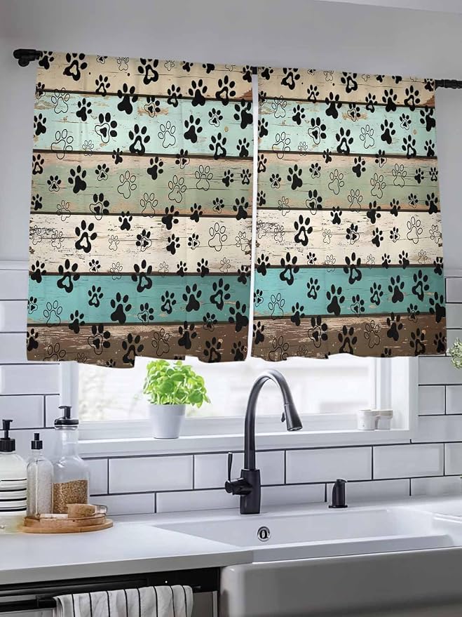 Sheer Curtains 45 Inch Length, Sage Green Brown Paw Prints Semi Sheer Curtains