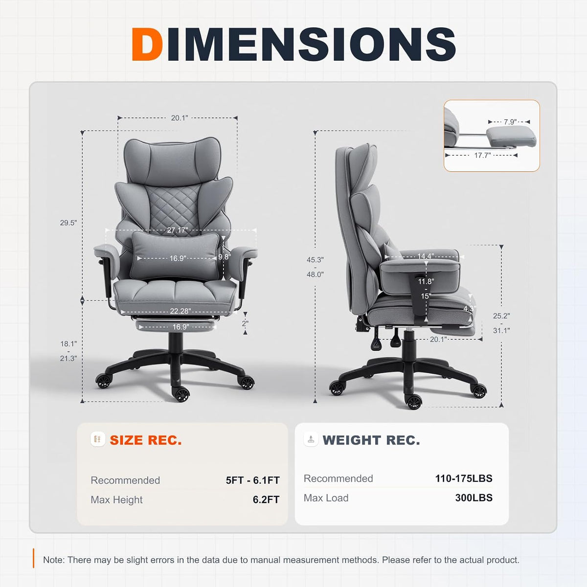 Dowinx Big and Tall Office Chair with Pocket Spring Cushion,High Back Computer Gaming Chairs with Adjustable Armrests,Executive Desk Chairs with Lumbar Support and Footrest,PU-Grey