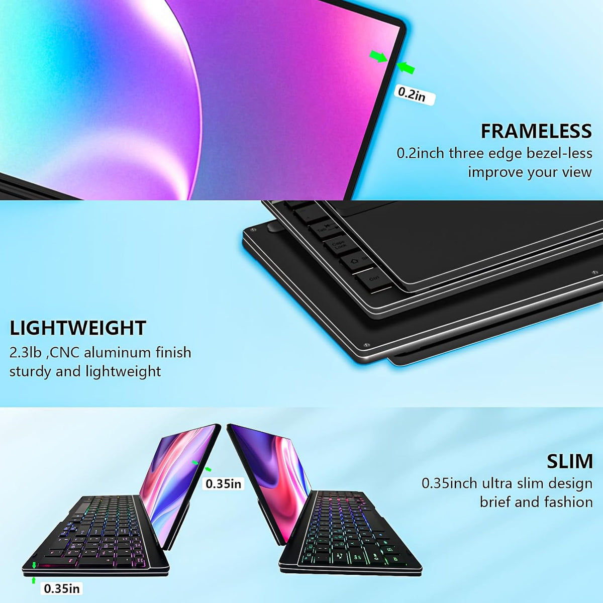 Portable Touchscreen Monitor with Silent Keyboard 12.8" Ultra-Slim Stretched Bar Screen Folding FHD 120% sRGB, USB-A/C Compatible Screen for Computers, Laptops, Mini PCs, Consoles