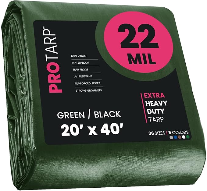 PROTARP Extreme Heavy Duty 22 Mil Tarp Cover, Waterproof, UV Resistant, Rip and Tear Proof, Poly Tarpaulin with Reinforced Edges for Roof, Camping, Patio, Pool, Boat. (Green/Black 20′ X 40′)