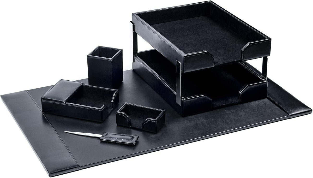 DACASSO Bonded Leather Desk Set - Luxury Leather Desk Pad & Desk Organization Essentials - Office Organization & Executive Desk Decor - (Black, 8 Piece)