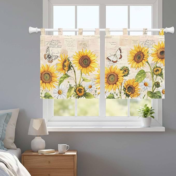 Yellow Sunflowers Kitchen Curtains 24 Inch Length, Small Window Curtains Tab Top