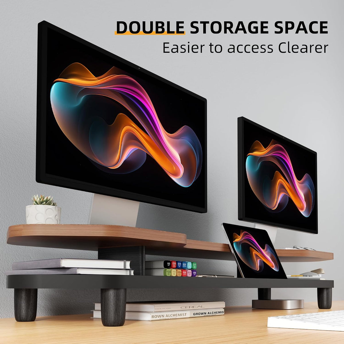 Dual Monitor Stand Riser, 39.4 Inch Large Monitor Stand with Storage Shelf, 2-Tier Desk Organizer for PC, Laptop, Printer | 2 Slots for Phone/Tablet, Computer Monitor Riser, Wood Desk Shelf for TV