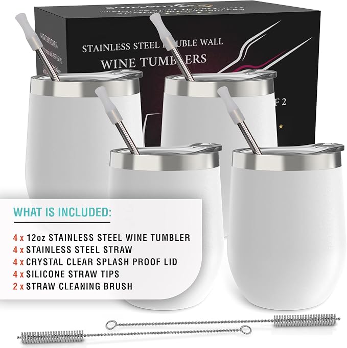 CHILLOUT LIFE 12 oz Stainless Steel Wine Tumblers 4 Pack