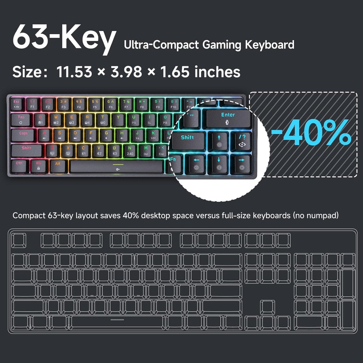 DIERYA DK63 60% Wireless Mechanical Gaming Keyboard | Bluetooth/2.4G/Wired | RGB Backlit Compact 63 Keys Mini Office Keyboard | with Blue Switch | for Windows Laptop PC Gamer Typist-Black