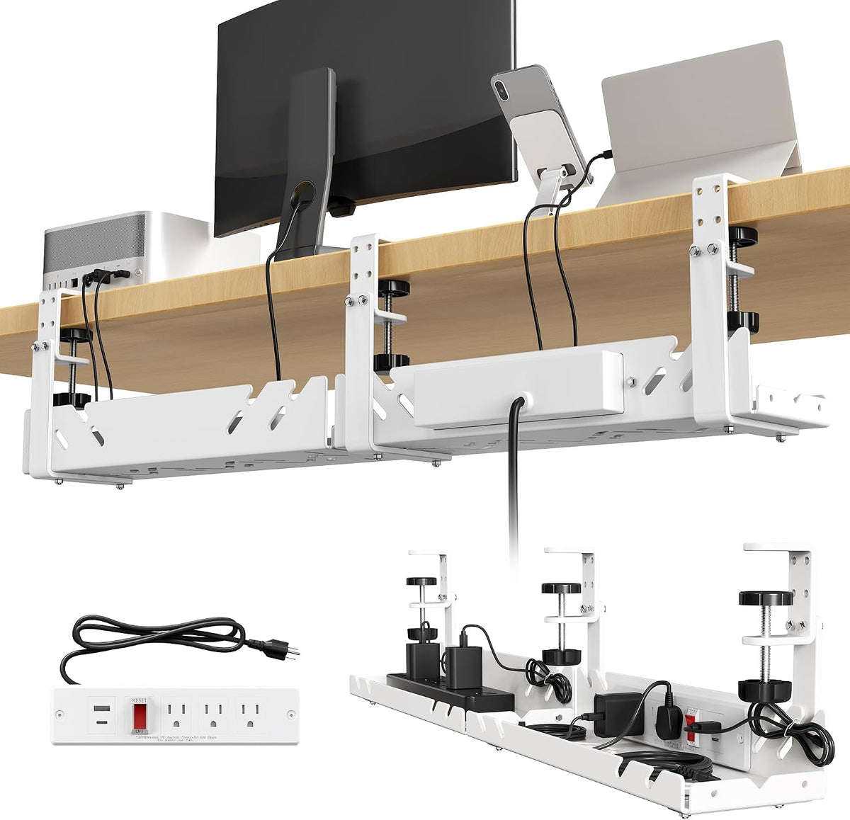 CABTE Under Desk Cable Management Tray with Power Outlet