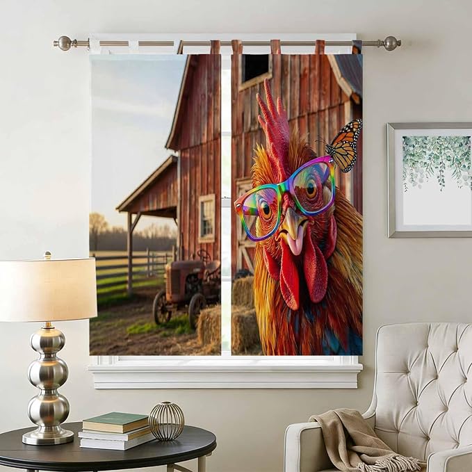 Farm Rooster Living Room Curtains 84 Inch Length, Window Curtains Tab Top