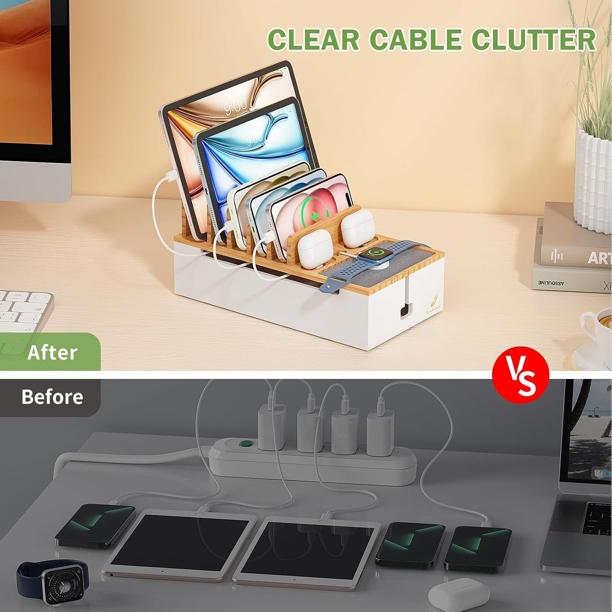 Pezin & Hulin Cable Management Box, Wire Organizer for Cords-Natural+White