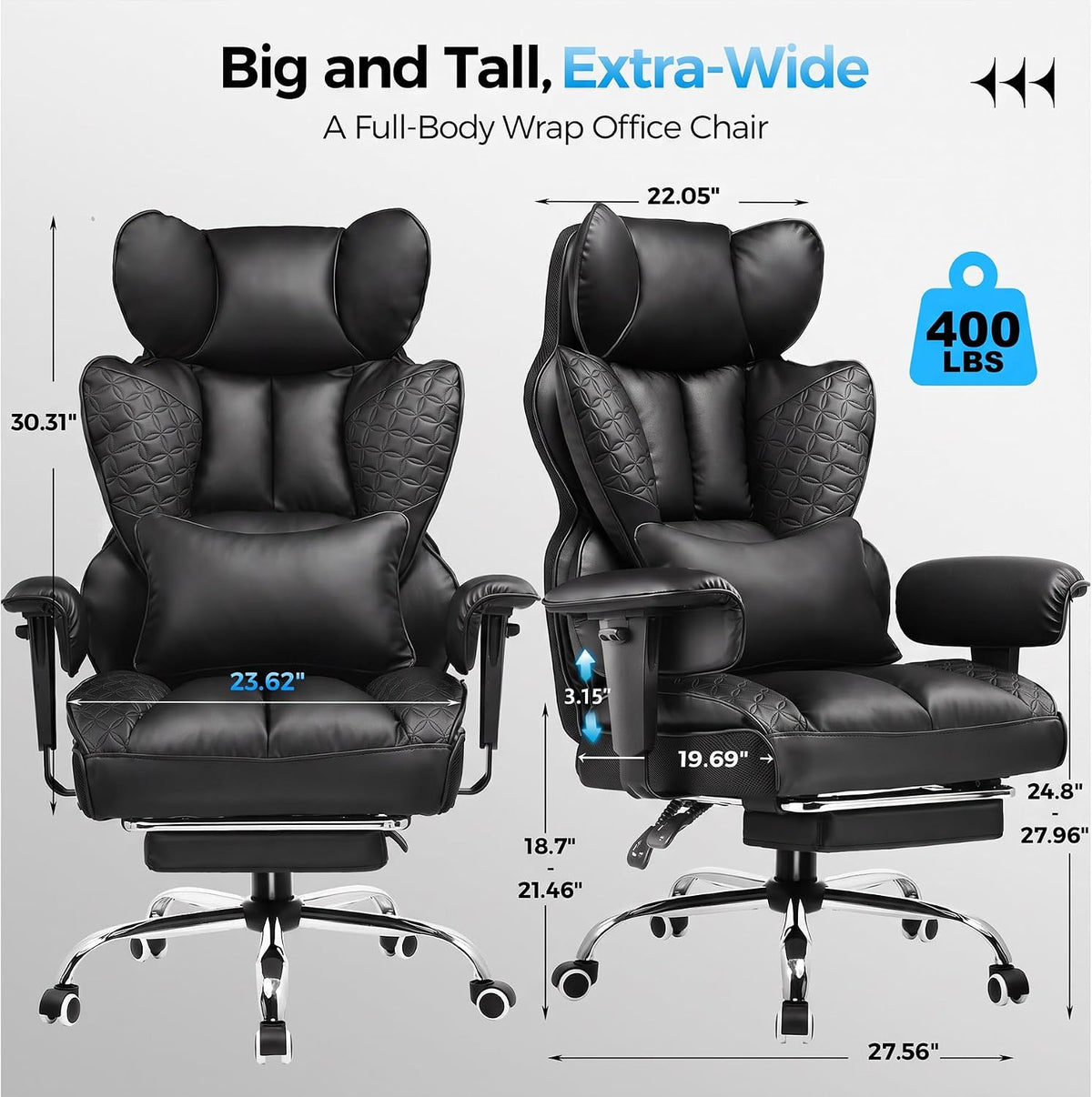 GTPLAYER Big and Tall Gaming Chair 400lbs Heavy Duty Office Chair with Footrest, High Back Pocket Spring Lumbar Support, Ergonomic Wide Comfy Seated Cushion for Lower Back Pain Relief, Carbon-Black