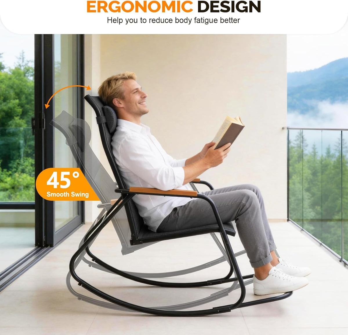 VINGLI Outdoor Rocking Chair, Textilene Mesh Patio Rocker, Outdoor Rocker with Footrest, Pillow, All Weather Porch Rocker for Garden, Living Room, Patio, Lawn (Black, with footrest)