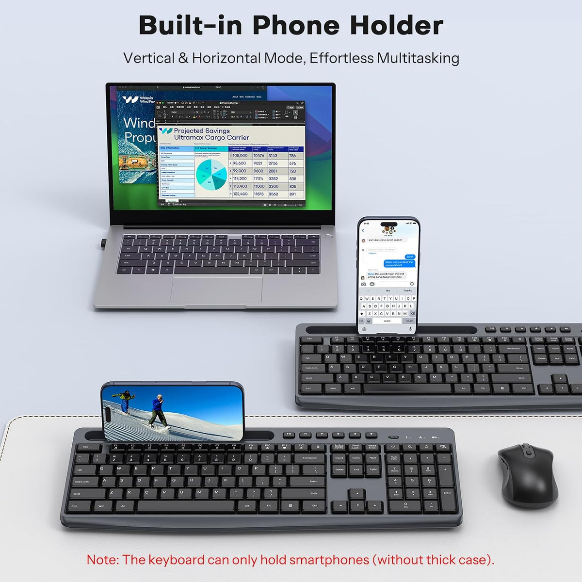 OMOTON Wireless Keyboard and Mouse Combo, 2.4G Quiet Set with Phone Holder