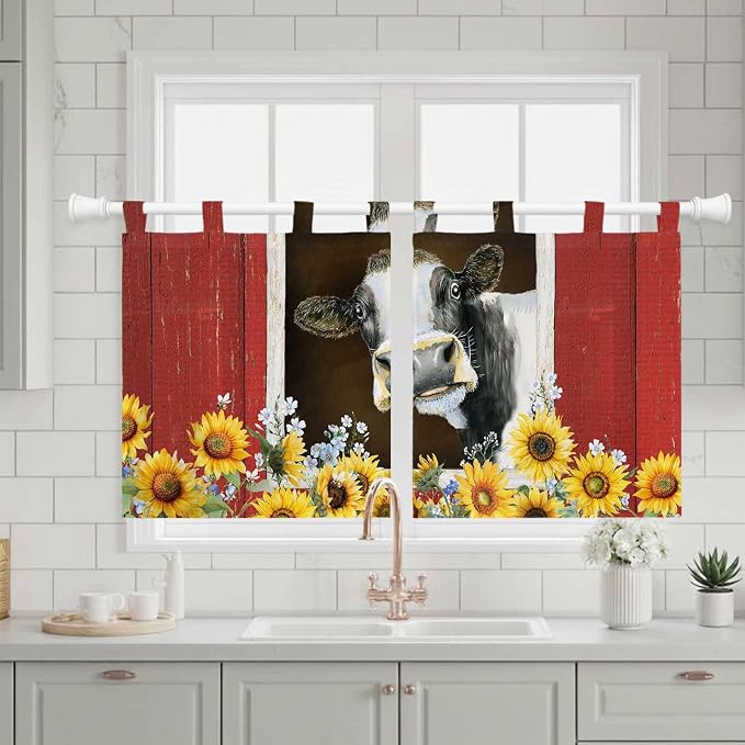 Cows Sunflowers Kitchen Curtains 36 Inch Length, Small Window Curtains Tab Top
