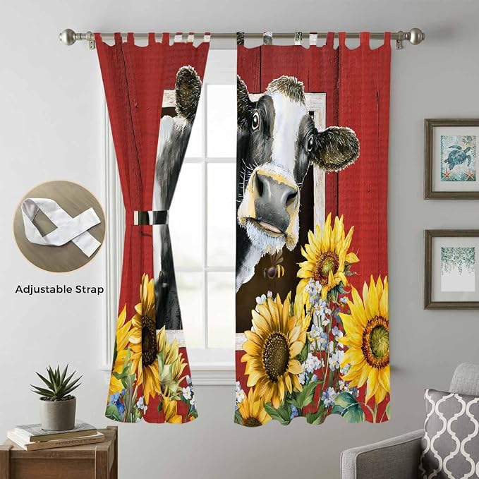 Cows Sunflowers Living Room Curtains 84 Inch Length, Window Curtains Tab Top