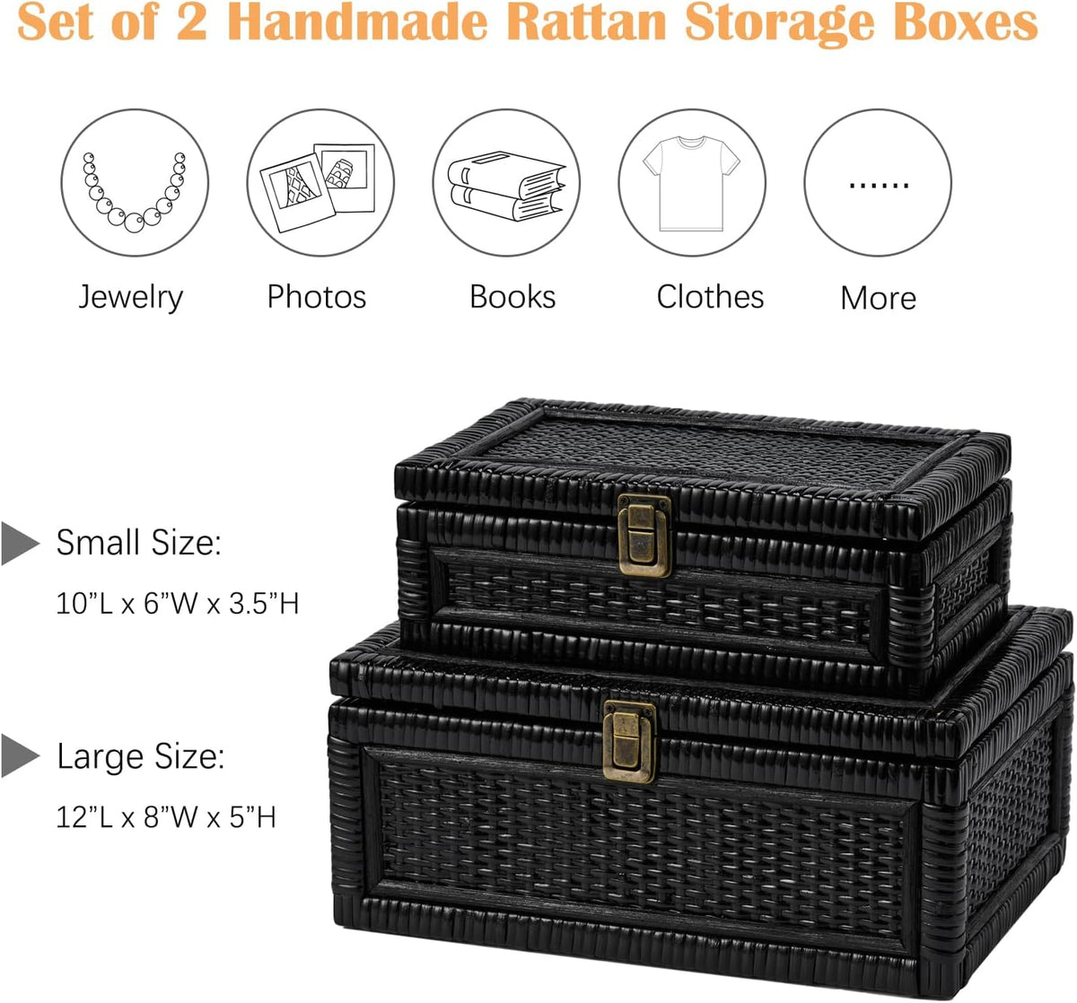 2PCS Rattan Box with Lid Decorative Natural Handmade Boho Basket