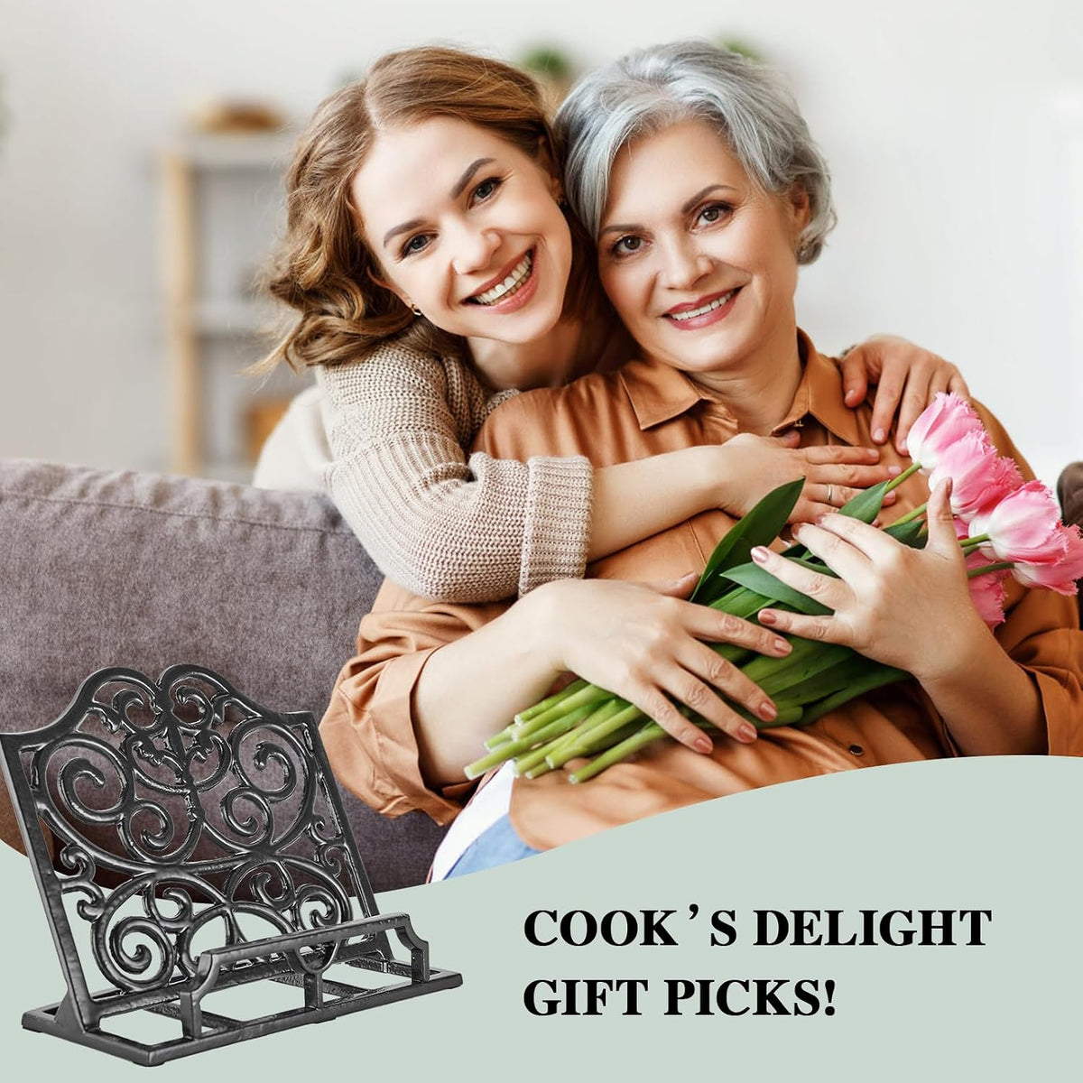 JOGREFUL Cast Iron Cookbook Stand, Kitchen Recipe Holder Scrollwork Black