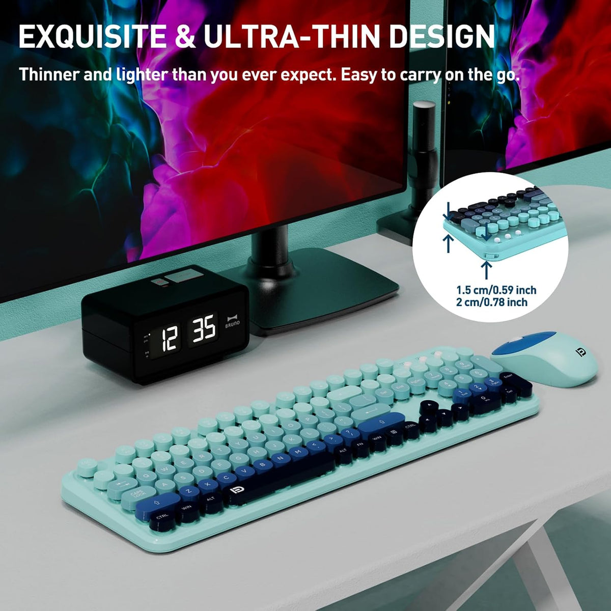 Teal Wireless Keyboard and Mouse Combo,Retro Bubble Round Key,for PC Laptop