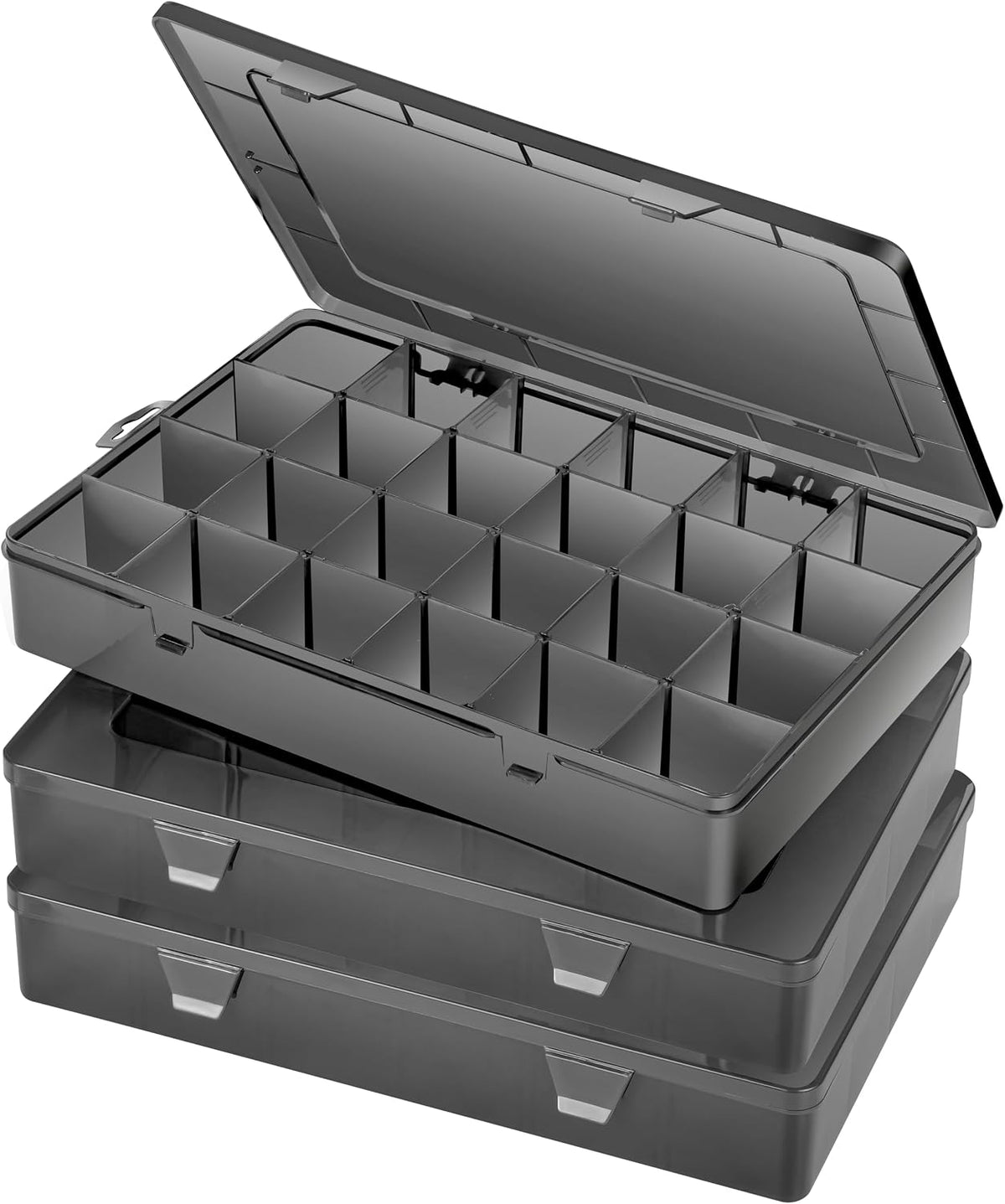 Gbivbe Large 24 Grids Plastic Organizer Box Adjustable Dividers,Clear Storage Box for Jewelry, Art DIY Crafts, Washi Tapes, Beads and Small Parts(Black,3Pack)