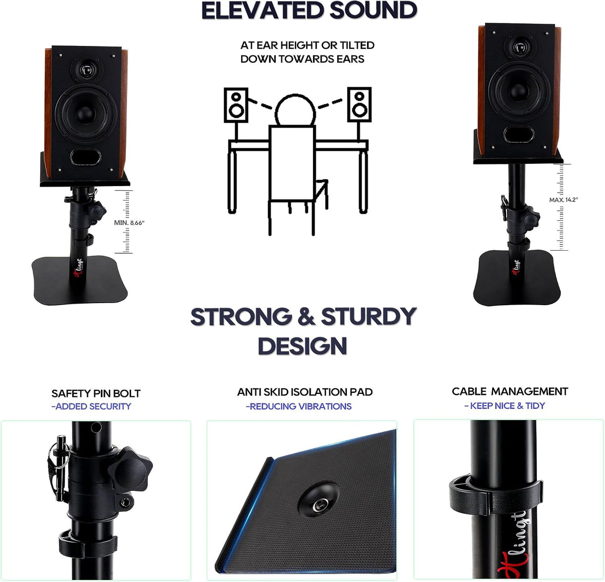 Tlingt Desktop Speaker Stands Pair, Sturdy Flat Base, Height & Tilt Adjusts
