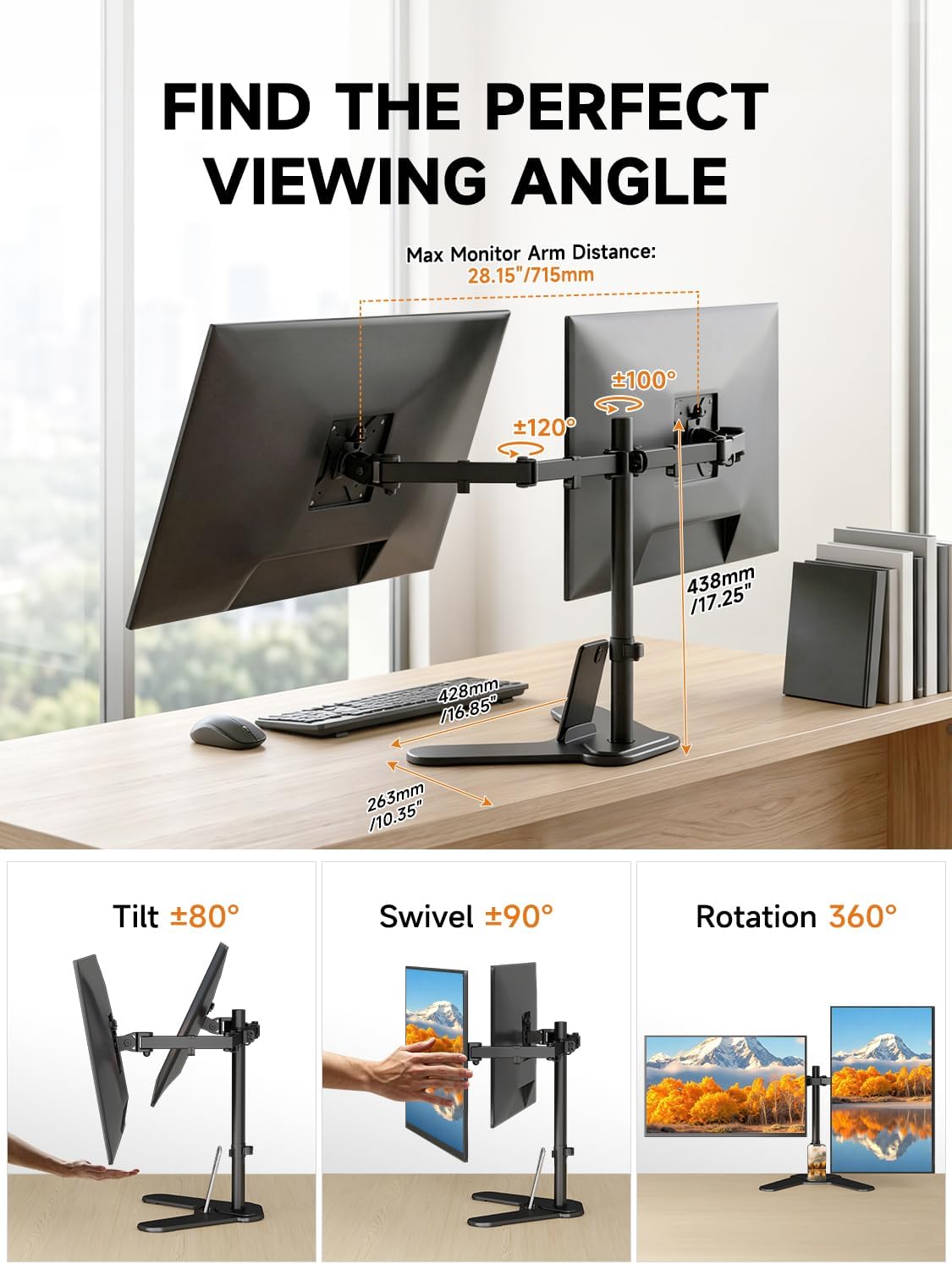 Bracwiser Dual Monitor Stand Mount, Free-Standing Full Motion Monitor Desk Mount for Two 13-32 inch, 15.43lbs, Adjustable Angle Height Monitors Arm, Desk Stand, Ergonomic L Feet, Black (ML7442)