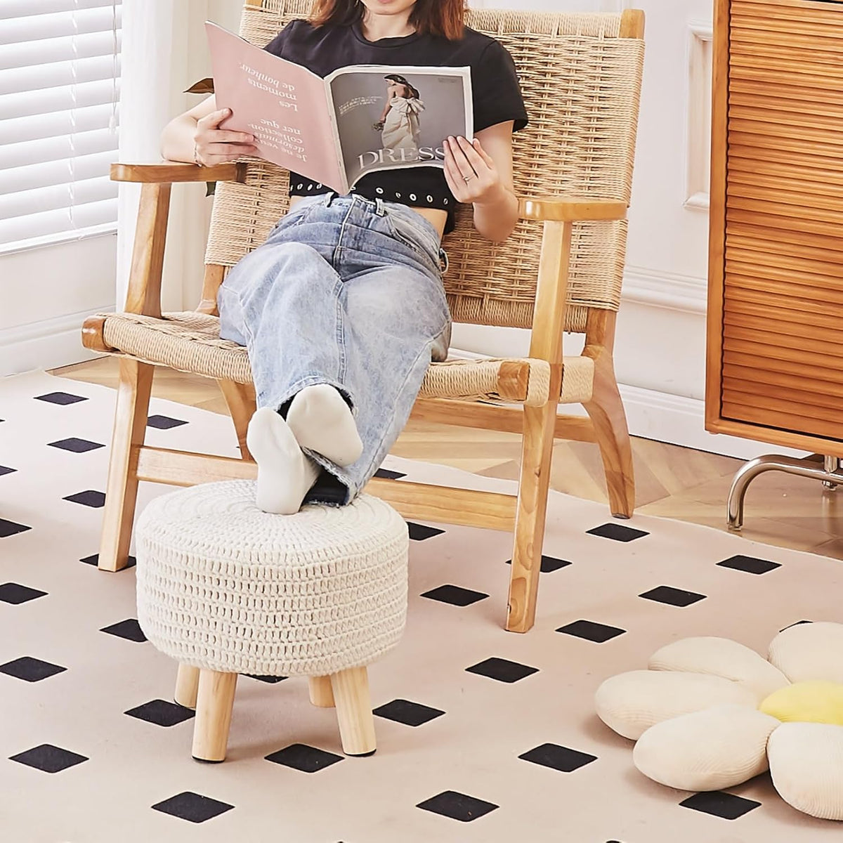 13" Round Handmade Cotton Knitted Boho Small Ottoman with Non-Skid Wood Leg
