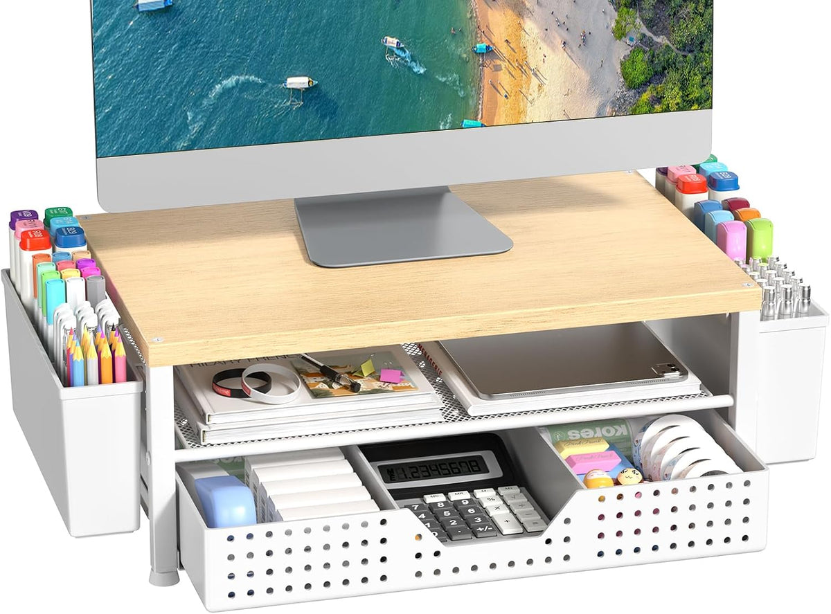 Wood Metal Monitor Stand Riser, Laptop Stand for Desk, Office Desk Organizer and Accessories, Computer Desktop Shelf with Drawer and Pen Holder, Printer Stand for Home, Office, Dorm (Natural Wood)