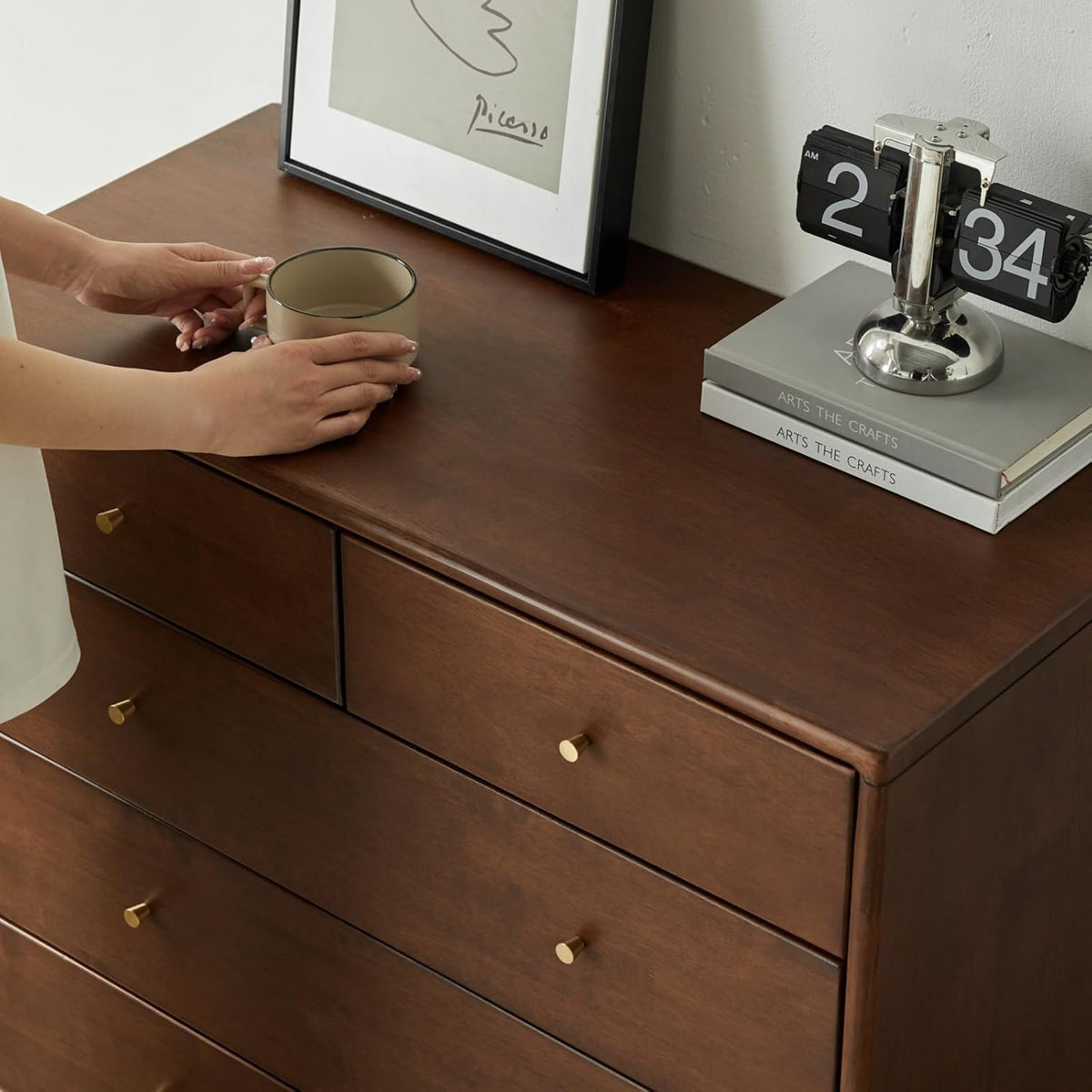 Solid Wood Nightstand, 5 Drawer Side Table for Bedroom, Wooden Storage Organizer, Modern Chest of Drawers for Living Room, Hallway, Closet, Walnut (33" W x 15.8" D x 35.4" H)