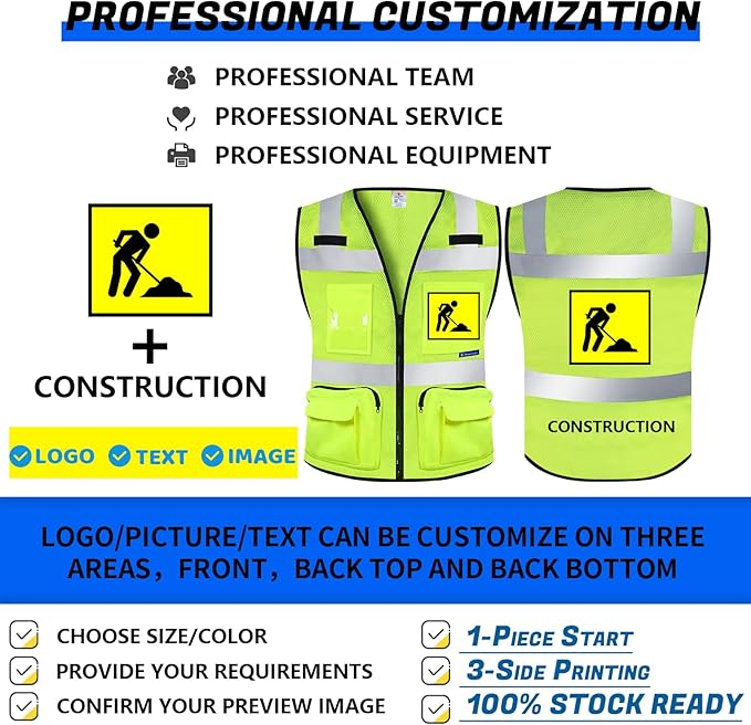 BeautyWill Custom Logo Safety Vest Mesh High Visibility Reflective Vest Customized Logo Utility Zipped Pockets Construction Workwear （Yellow,S）