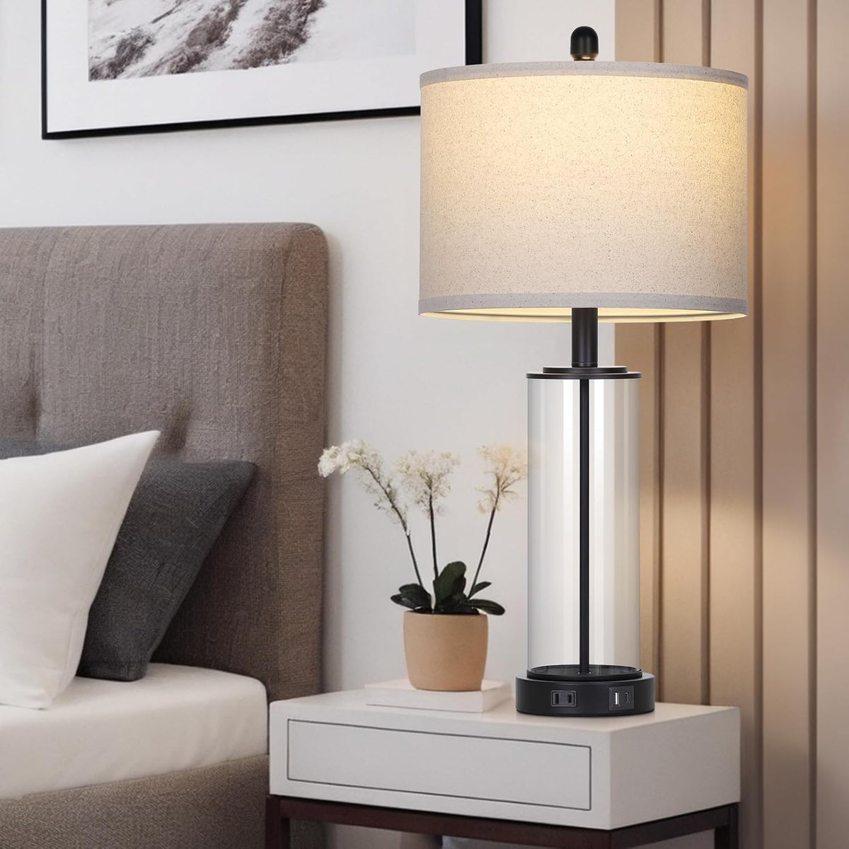 26" Black Glass Table Lamps Set of 2, 3-Way Dimmable Touch Control Living Room Lamp with USB C+A Ports & AC Outlet, Modern Bedside Lamps, Elegant Bedroom Lamps for Nightstand Side End Table Desk