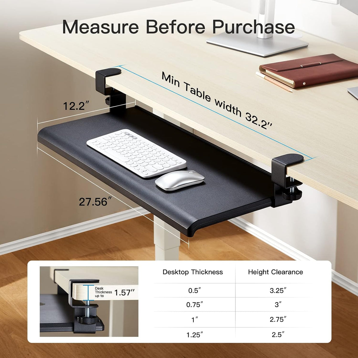HUANUO Keyboard Tray Under Desk with C Clamp-Large Size, Steady Slide Keyboard Stand, No Screw into Desk, Perfect for Home or Office
