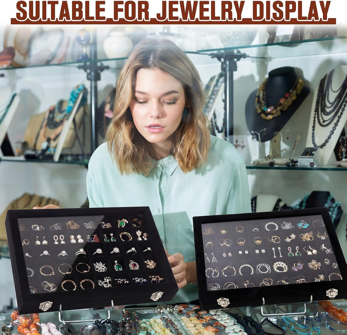 Nosiny 2 Pcs 48 Grid Jewelry Tray with Transparent Lid, Rock Collection Box