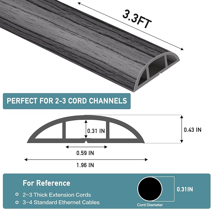 Floor Cord Cover Self Adhesive Cord Hider Floor Extension Cord Covers for Floor Power Cord Protector Cable Management Prevent Cable Trips Cable Cavity 0.59" W x 0.31" H (Deep Grey Wood, 3.3Ft)
