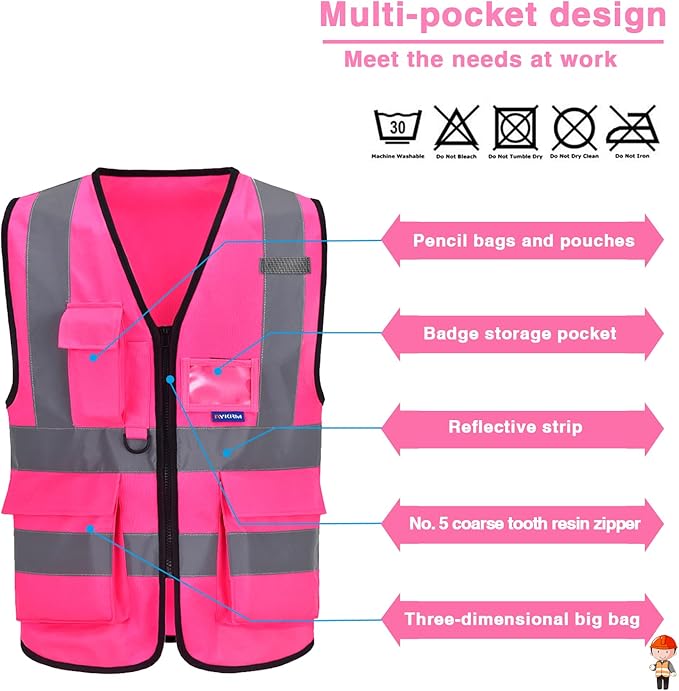 A-SAFETY Pink High Visibility Vest,Reflective Safety Vest Workwear,7 Pockets Hi Vis Durable Vest with Reflective Tapes 4 Lower Pockets,3XL