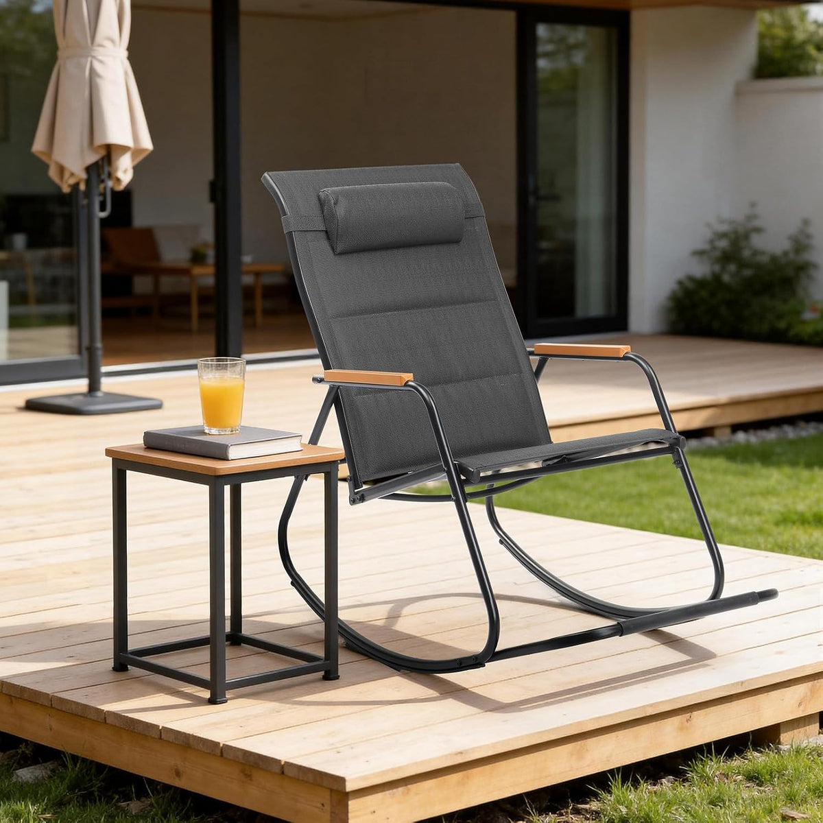 VINGLI Outdoor Rocking Chair, Textilene Mesh Patio Rocker, Outdoor Rocker with Footrest, Pillow, All Weather Porch Rocker for Garden, Living Room, Patio, Lawn (Black, with footrest)