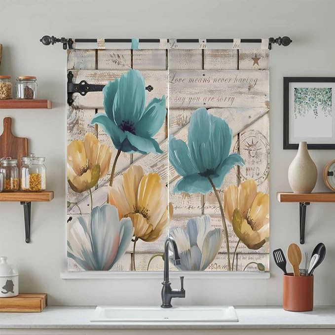 Watercolor Flowers Bedroom Curtains 72 Inch Length, Window Curtains Tab Top