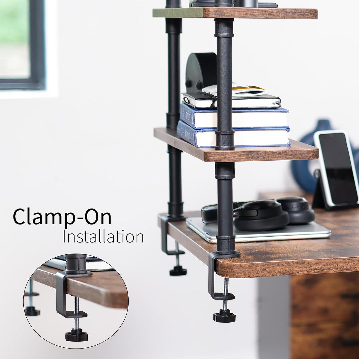 VIVO Vintage Brown Clamp-on 24" Industrial Pipe Desk Shelf, DESK-SHELF24-2N