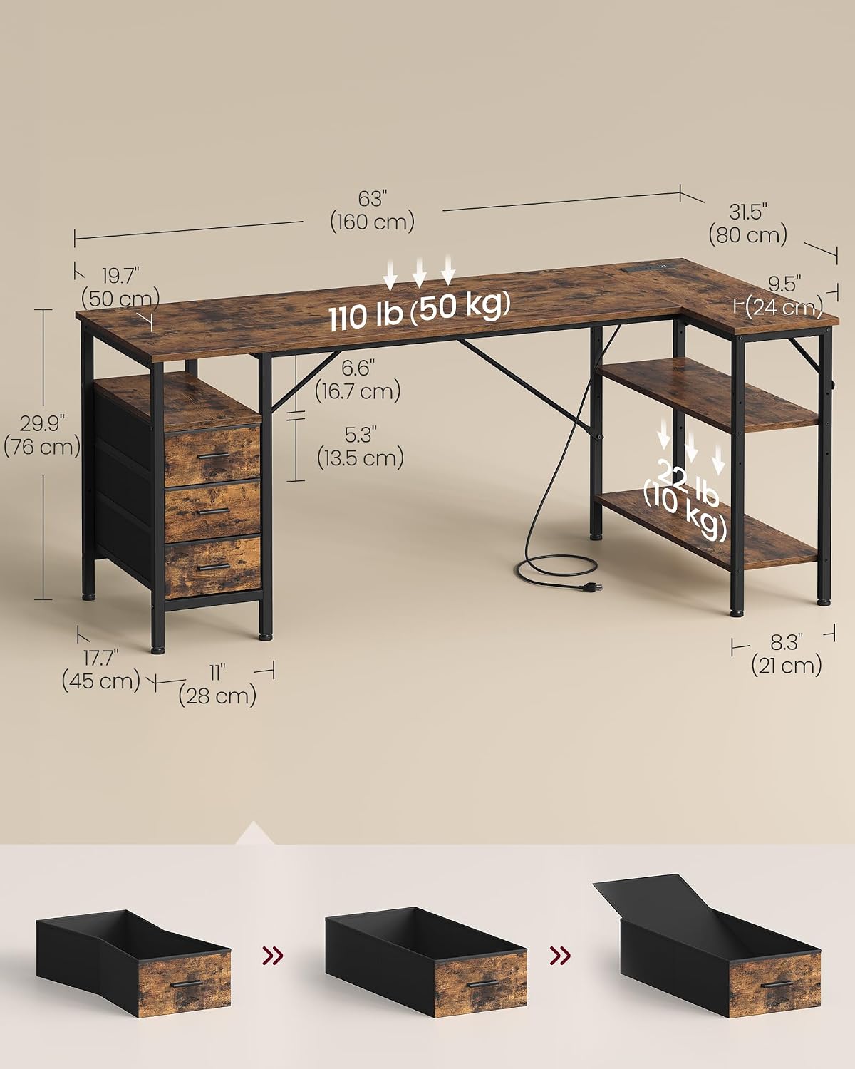 VASAGLE L Shaped Computer Desk with Drawers, Large Gaming Desk with Shelves