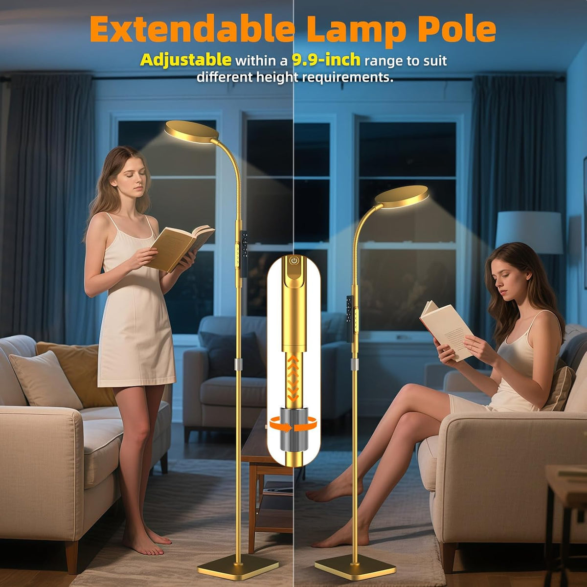 PACOVY Floor Lamp, Adjustable Height Floor Lamps for Living Room Bedroom, 120 LED Super Bright Standing Lamp Remote & Touch Control Dimmable Gooseneck Tall Stand Reading Lamp for Office Craft, Gold