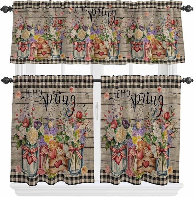Spring Flowers Kitchen Curtain Set, Farmhouse Vintage Black Plaid Wood Grain