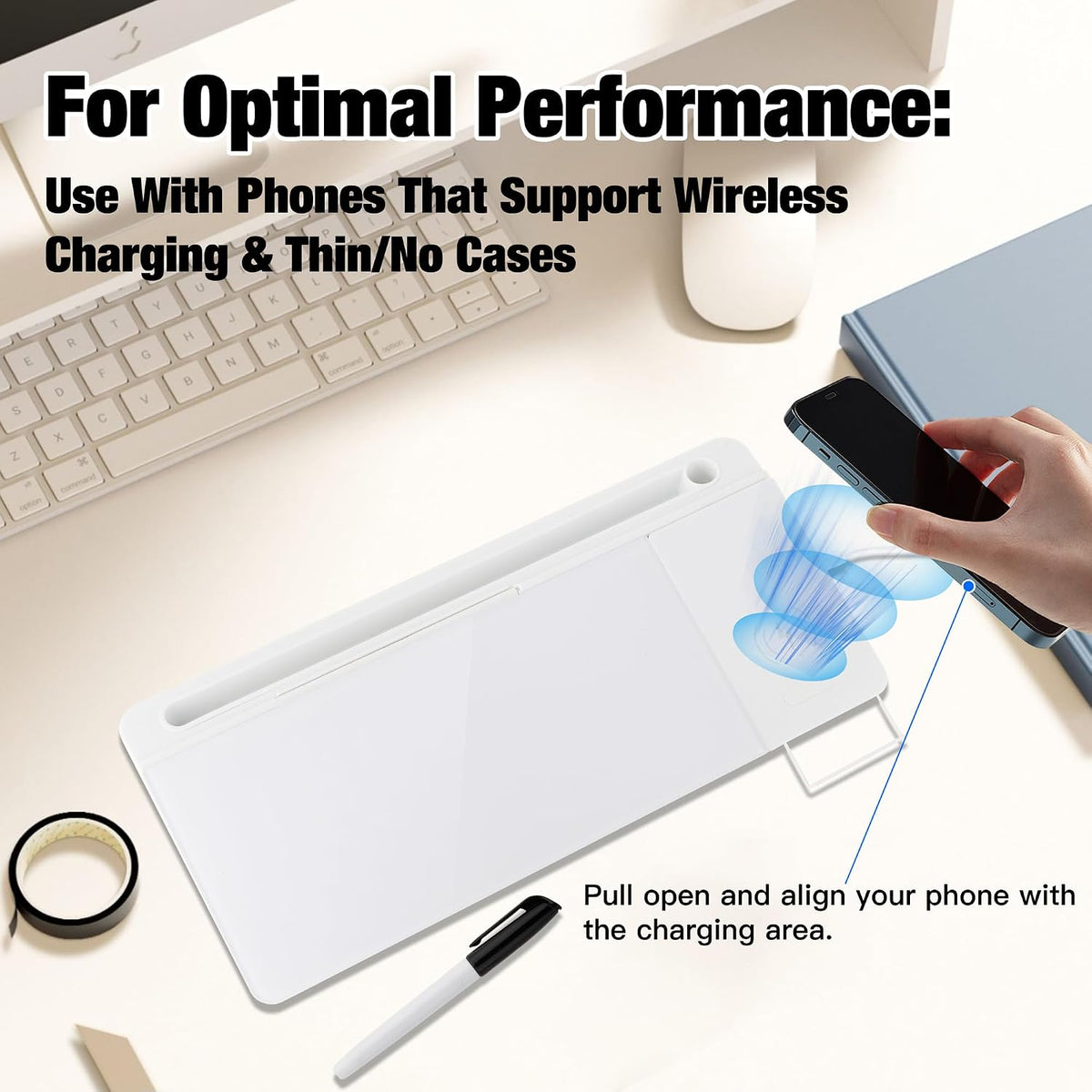 Glass Desktop Whiteboard, Wireless Charger White