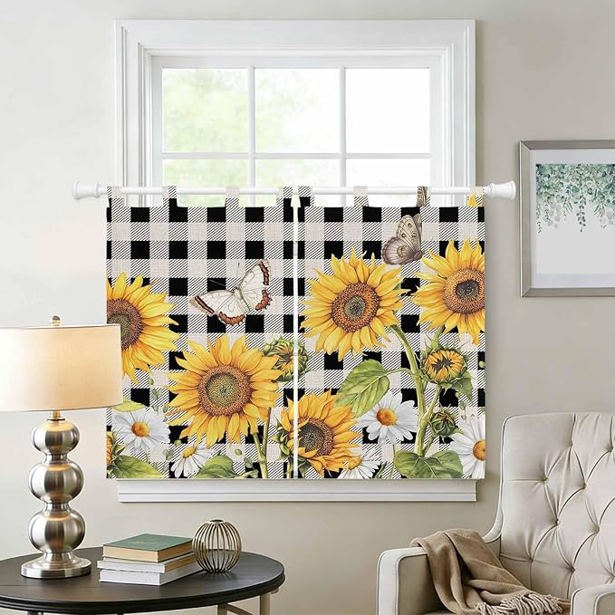 Sunflowers Kitchen Curtains 45 Inch Length, Short Cafe Window Curtains Tab Top