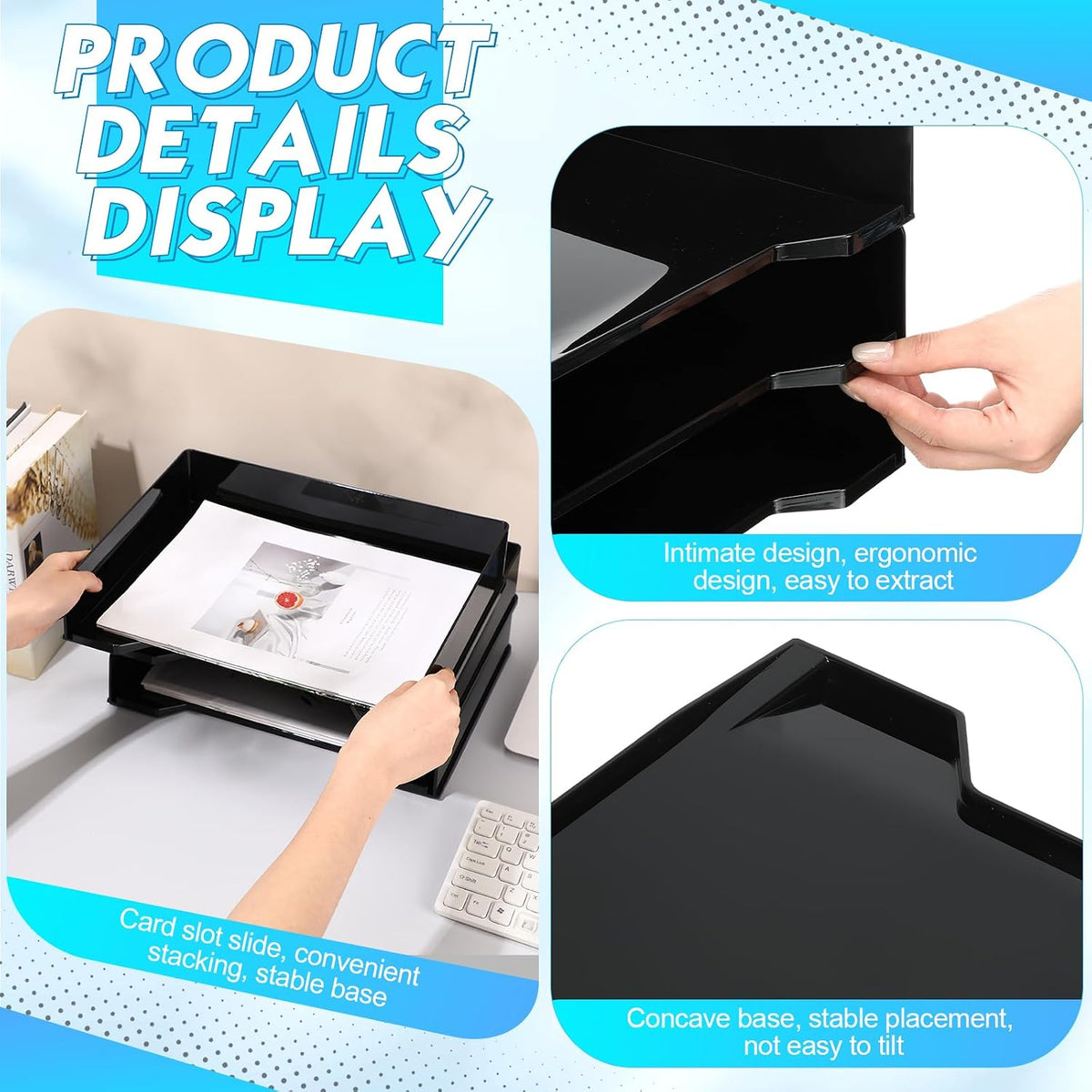 DoubleFill 4 Pcs Stackable Letter Tray Plastic Paper Tray, Black