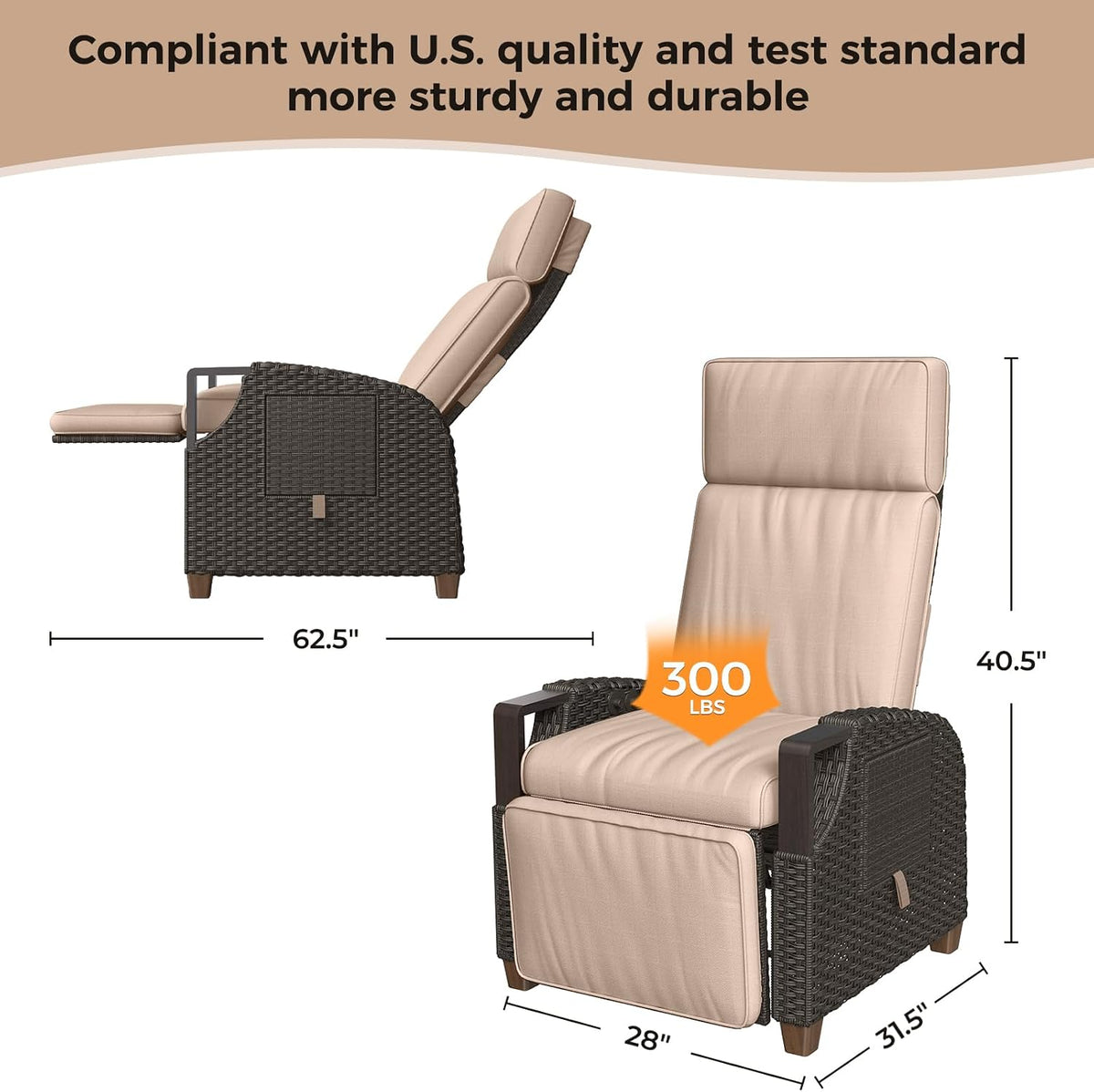 Grand patio Outdoor Recliner with Independent Adjustable Back and Footrest, Air Pump 150° Lay Flat Reclining Chair Removable Olefin Cushion Flip-Up Table Wicker Beige 1PC