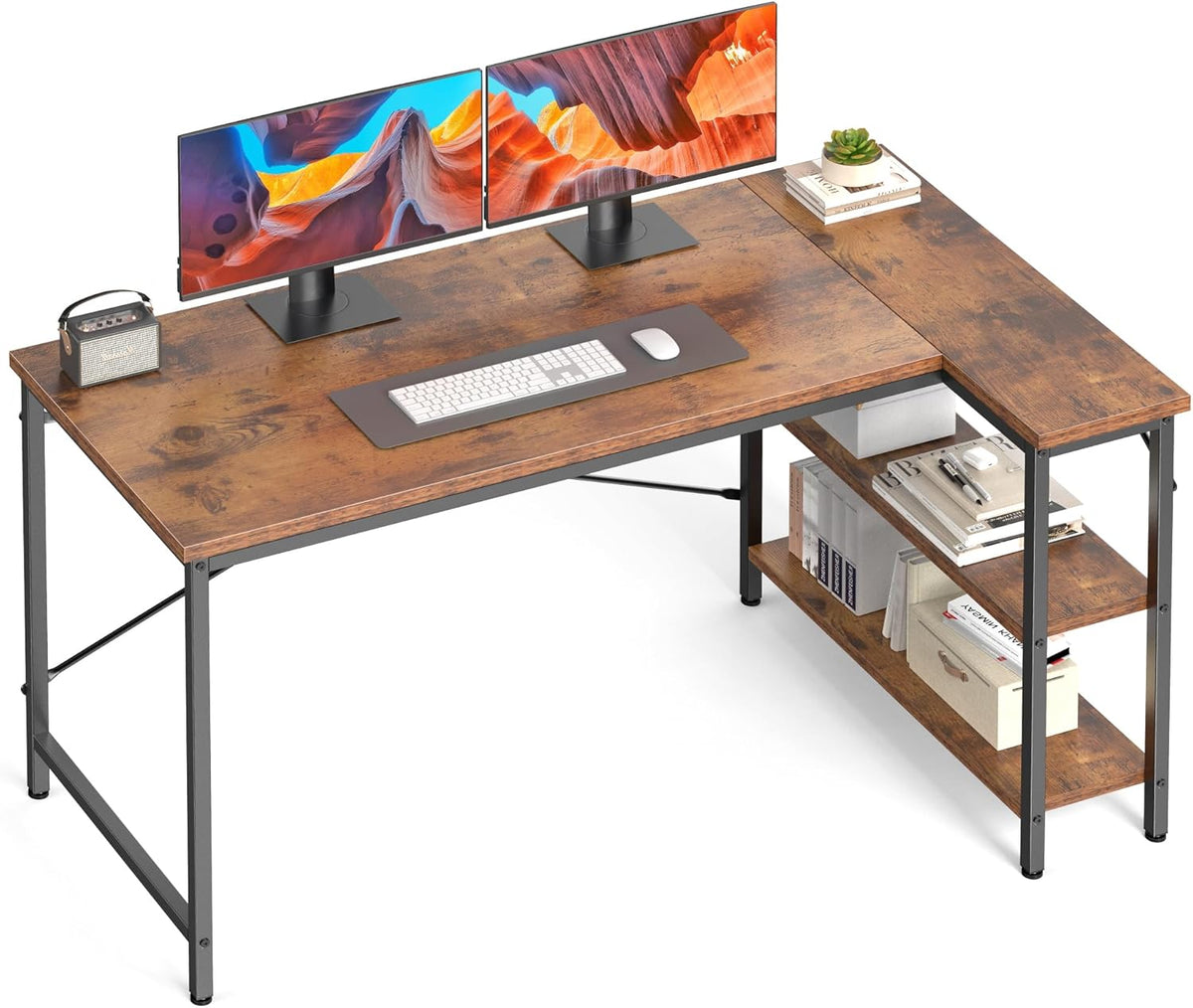 DUMOS 39" L Shaped Computer Desk, Corner Desks with Storage Shelves, Brown