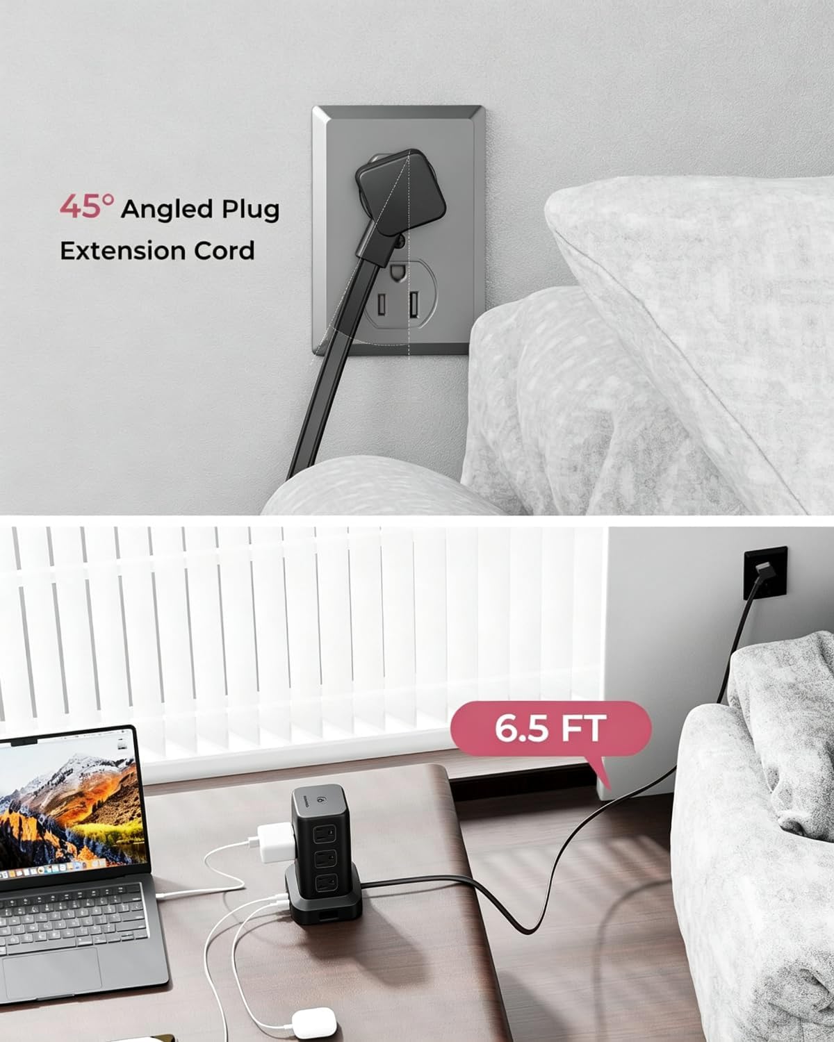 Power Strip 6.5 FT Cord, Power Strip Tower with 4 USB Ports (2USB C), Extension Cord with 12 AC Multiple Outlets, Home Office Supplies Desk Accessories, Dorm Room Essentials